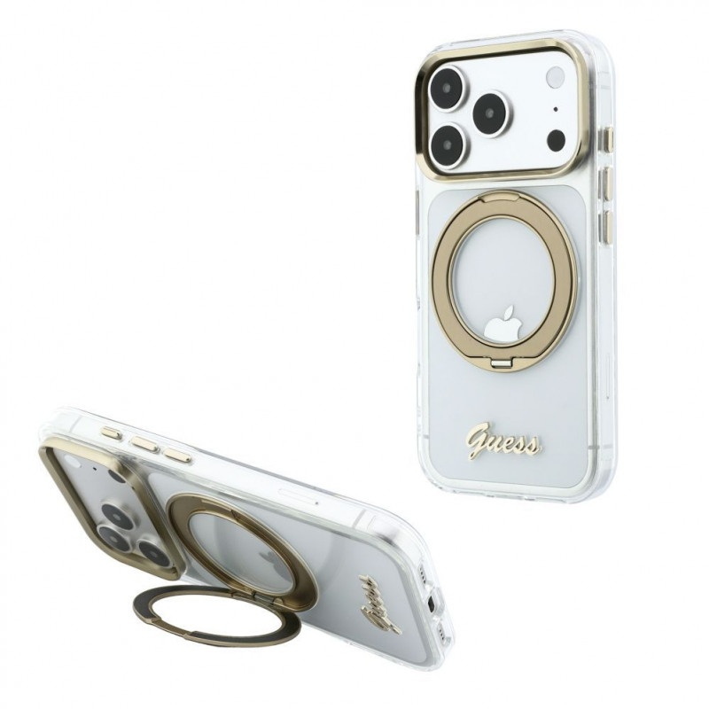 Guess HC MagSafe IML Ring Stand 360 Script Metal Logo Case for Apple iPhone 18 Pro, Transparent