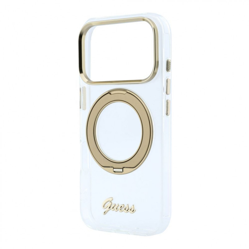 Guess HC MagSafe IML Ring Stand 360 Script Metal Logo Case for Apple iPhone 18 Pro, Transparent