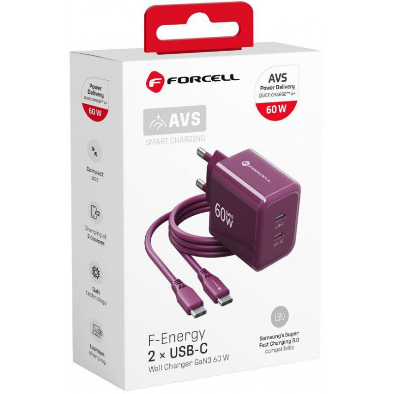 Forcell F-Energy GaN III VT-60 60W PD QC 4.0+ 2x USB-C burgundy mains charger + USB-C cable