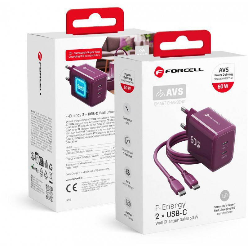 Forcell F-Energy GaN III VT-60 60W PD QC 4.0+ 2x USB-C burgundy mains charger + USB-C cable