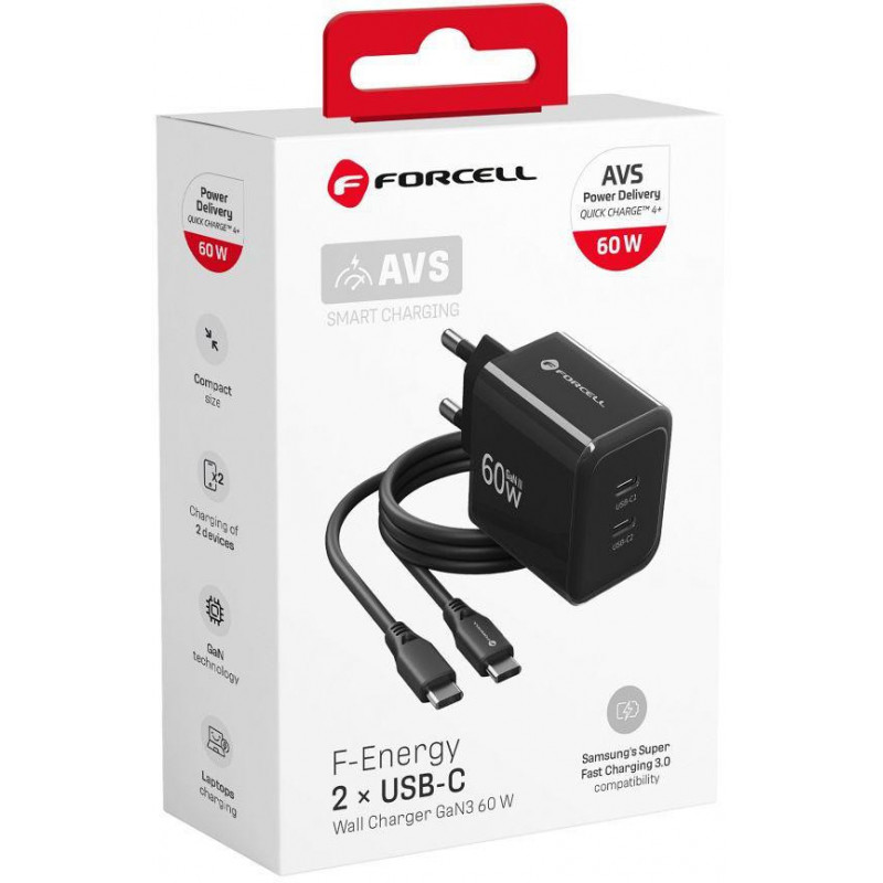 Forcell F-Energy GaN III VT-60 60W PD QC 4.0+ 2x USB-C Black mains charger + USB-C cable