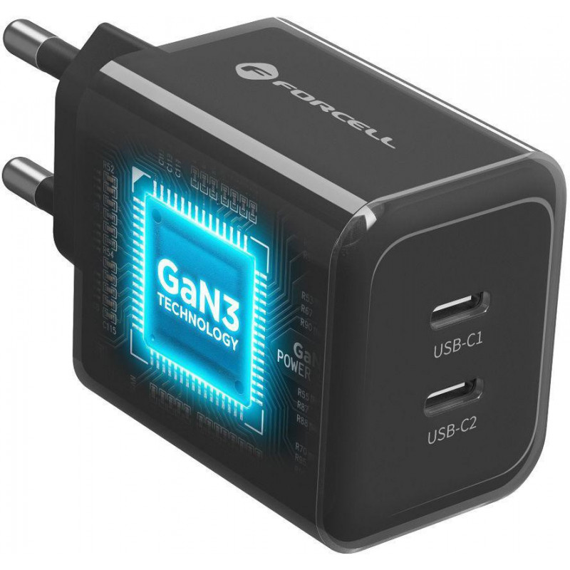 Forcell F-Energy GaN III VT-60 60W PD QC 4.0+ 2x USB-C Black mains charger + USB-C cable