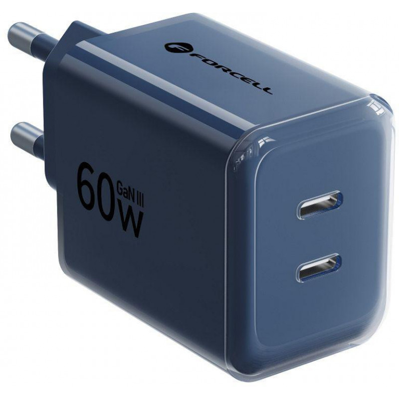 Forcell F-Energy GaN III VT-60 60W PD QC 4.0+ 2x USB-C mains charger navy blue + USB-C cable