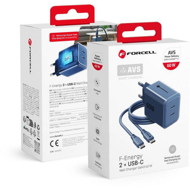 Forcell F-Energy GaN III VT-60 60W PD QC 4.0+ 2x USB-C mains charger navy blue + USB-C cable