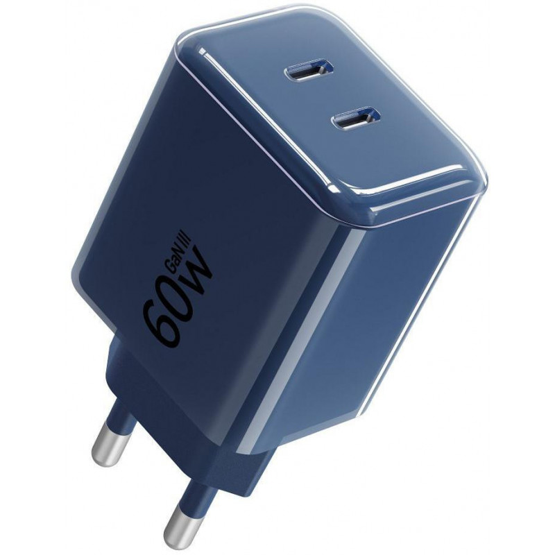 Forcell F-Energy GaN III VT-60 60W PD QC 4.0+ 2x USB-C mains charger navy blue + USB-C cable