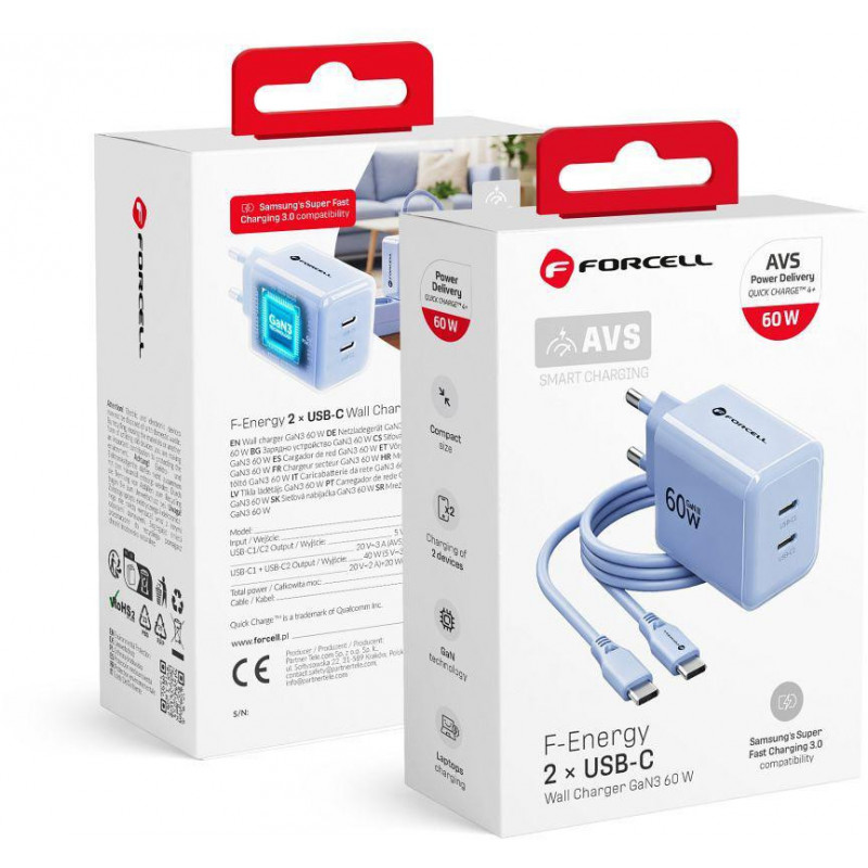 Forcell F-Energy GaN III VT-60 60W PD QC 4.0+ 2x USB-C mains charger blue + USB-C cable