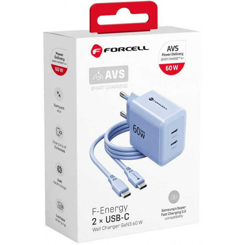 Forcell F-Energy GaN III VT-60 60W PD QC 4.0+ 2x USB-C mains charger blue + USB-C cable