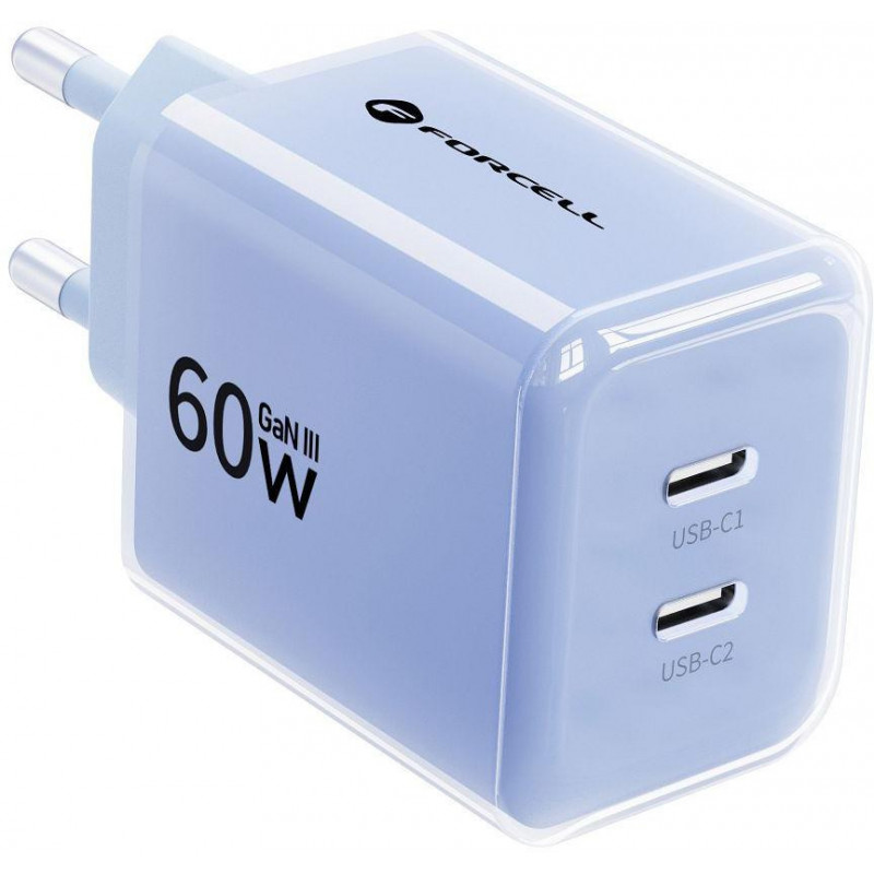 Forcell F-Energy GaN III VT-60 60W PD QC 4.0+ 2x USB-C mains charger blue + USB-C cable