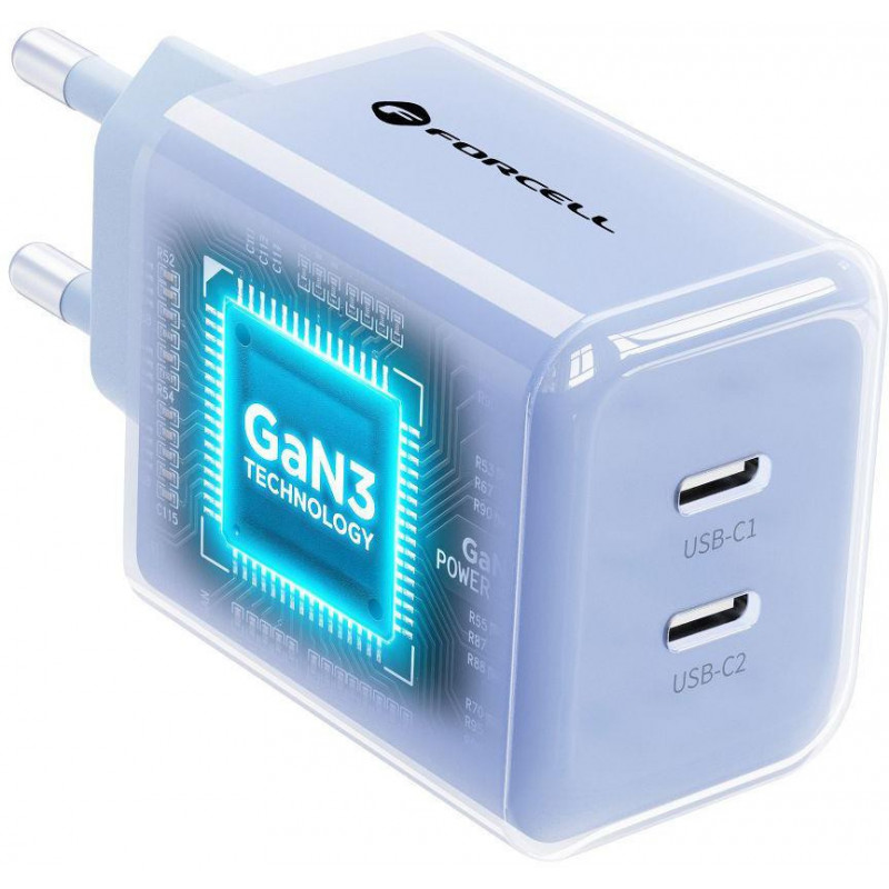 Forcell F-Energy GaN III VT-60 60W PD QC 4.0+ 2x USB-C mains charger blue + USB-C cable