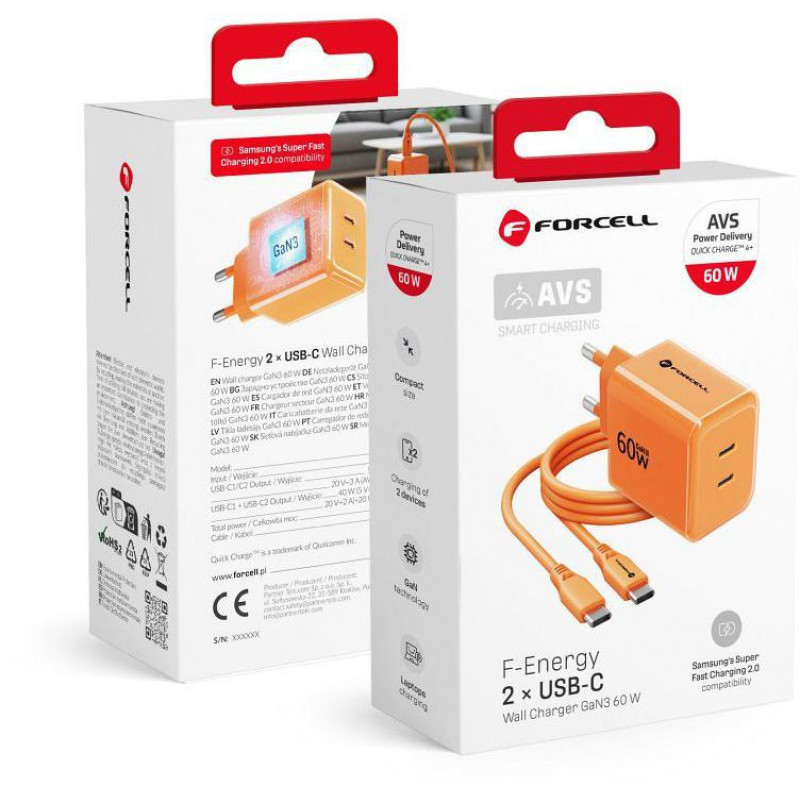 Forcell F-Energy GaN III VT-60 60W PD QC 4.0+ 2x USB-C mains charger orange + USB-C cable