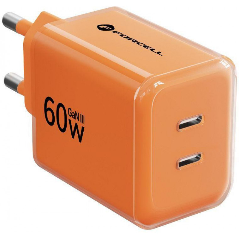 Forcell F-Energy GaN III VT-60 60W PD QC 4.0+ 2x USB-C mains charger orange + USB-C cable