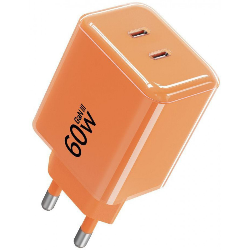 Forcell F-Energy GaN III VT-60 60W PD QC 4.0+ 2x USB-C mains charger orange + USB-C cable