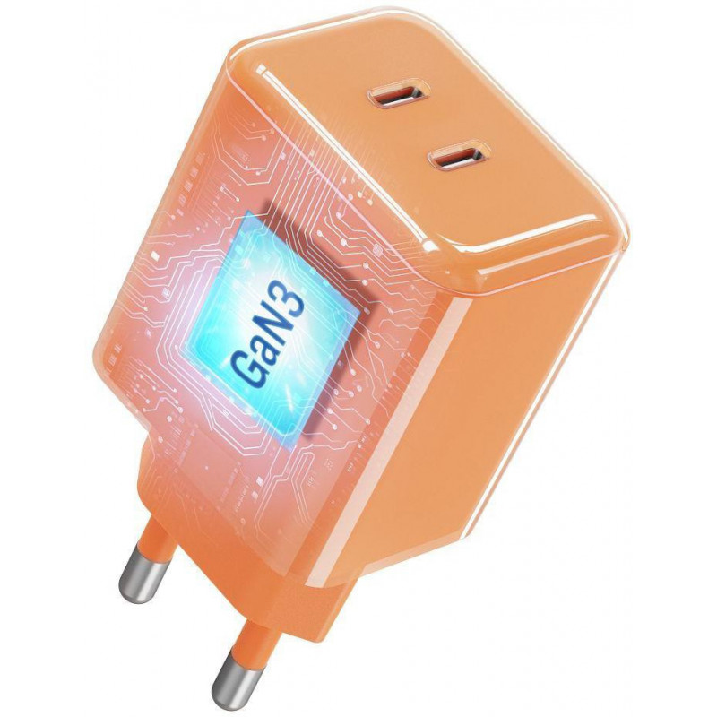 Forcell F-Energy GaN III VT-60 60W PD QC 4.0+ 2x USB-C mains charger orange + USB-C cable