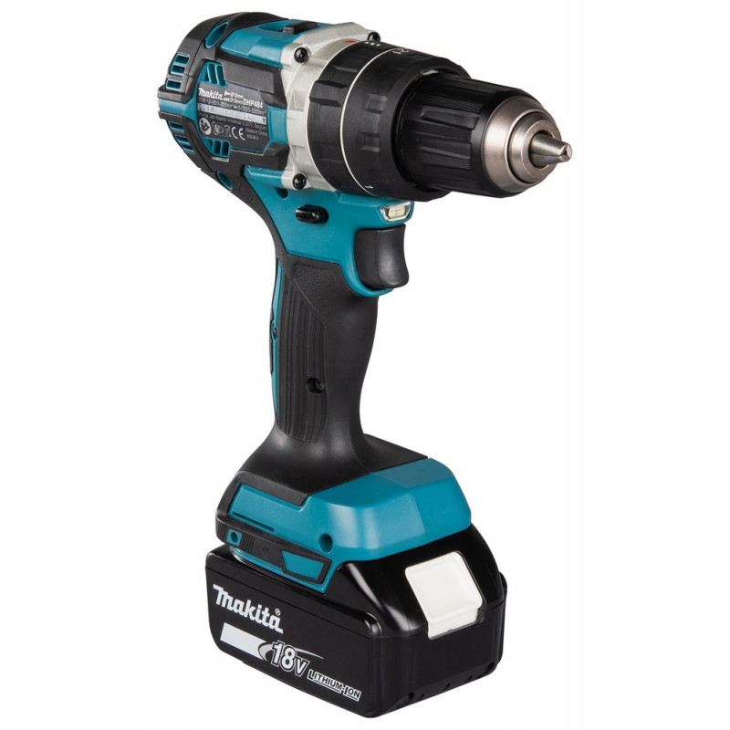 Makita DHP484RFJ Cordless Drill Driver, 2000 RPM, Black/Blue