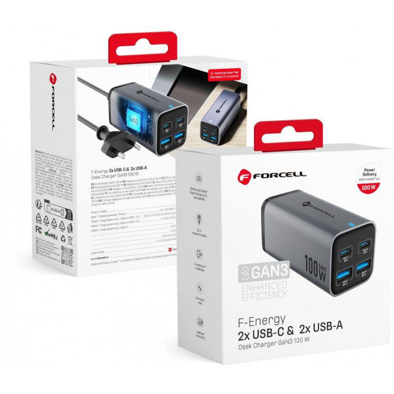 Forcell F-Energy GaN III VT-49 Desktop Charger, 2x USB-C + 2x USB-A, PD, QC 4.0, 100 W, Grey