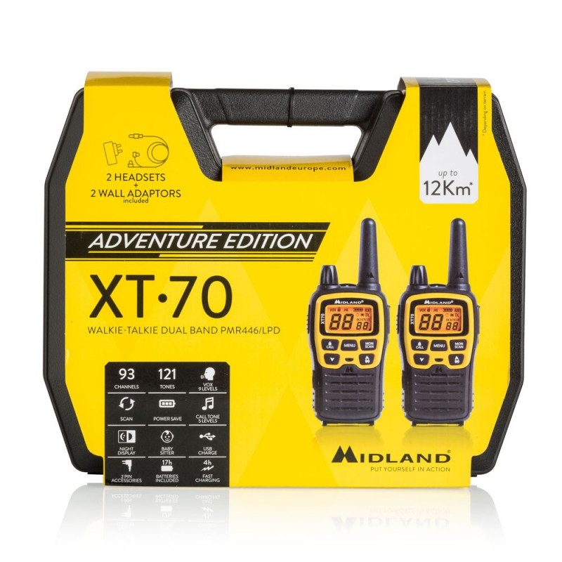 Midland XT70 Adventure Two-Way Radio, 93 Channels, 433.075 - 446.09375 MHz, Black/Yellow
