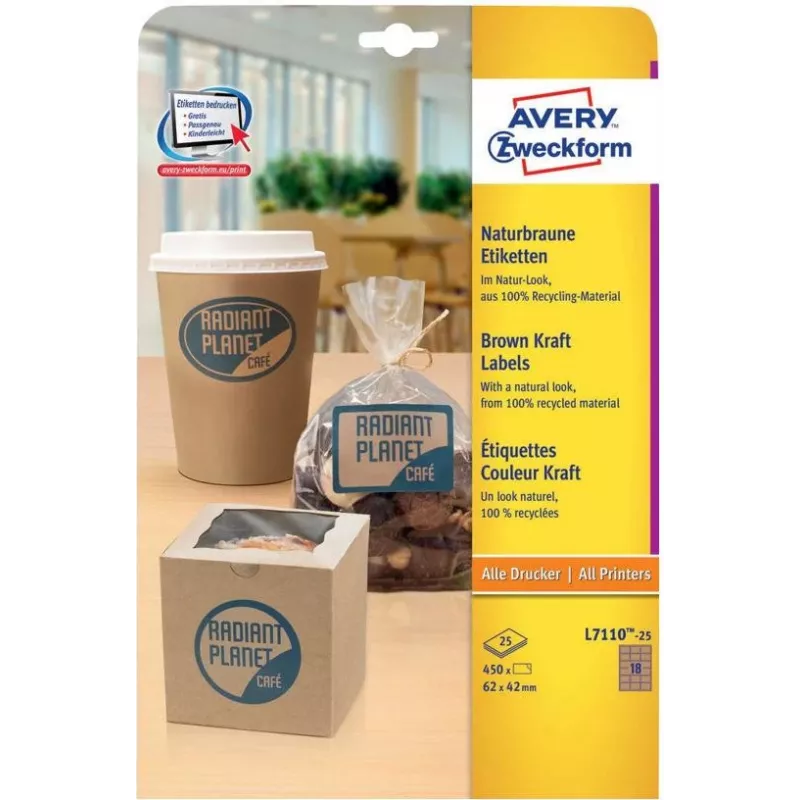Avery Zweckform L7110-25 Labels, Permanent Adhesive, Natural Brown, 62 x 42 mm, 450 pcs (25 sheets x 18)