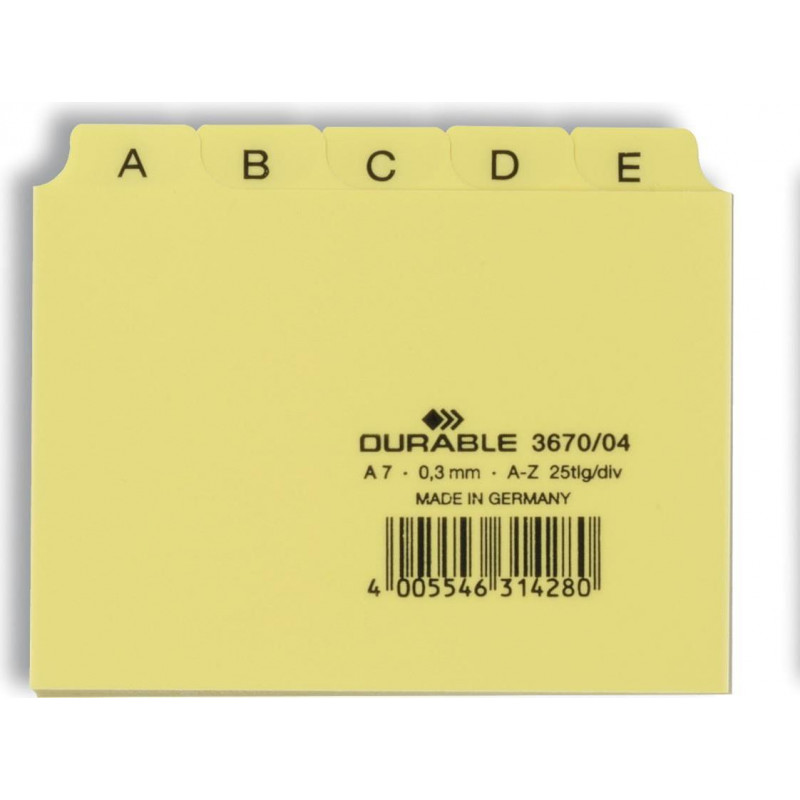 Durable A-Z Index Register for A7 Card Boxes, Embossed PP, Yellow