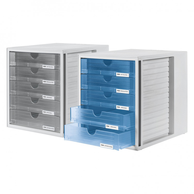 HAN 1450-63 DIN C4 Drawer Box, 5 Closed Drawers, Translucent Clear/Light Grey, 27.5 x 33.0 x 32.0 cm
