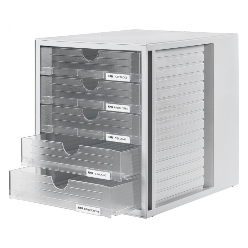 HAN 1450-63 DIN C4 Drawer Box, 5 Closed Drawers, Translucent Clear/Light Grey, 27.5 x 33.0 x 32.0 cm