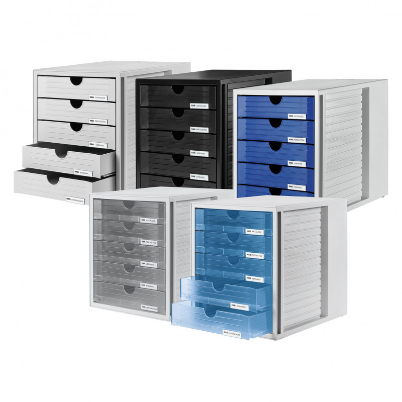 HAN 1450-63 DIN C4 Drawer Box, 5 Closed Drawers, Translucent Clear/Light Grey, 27.5 x 33.0 x 32.0 cm