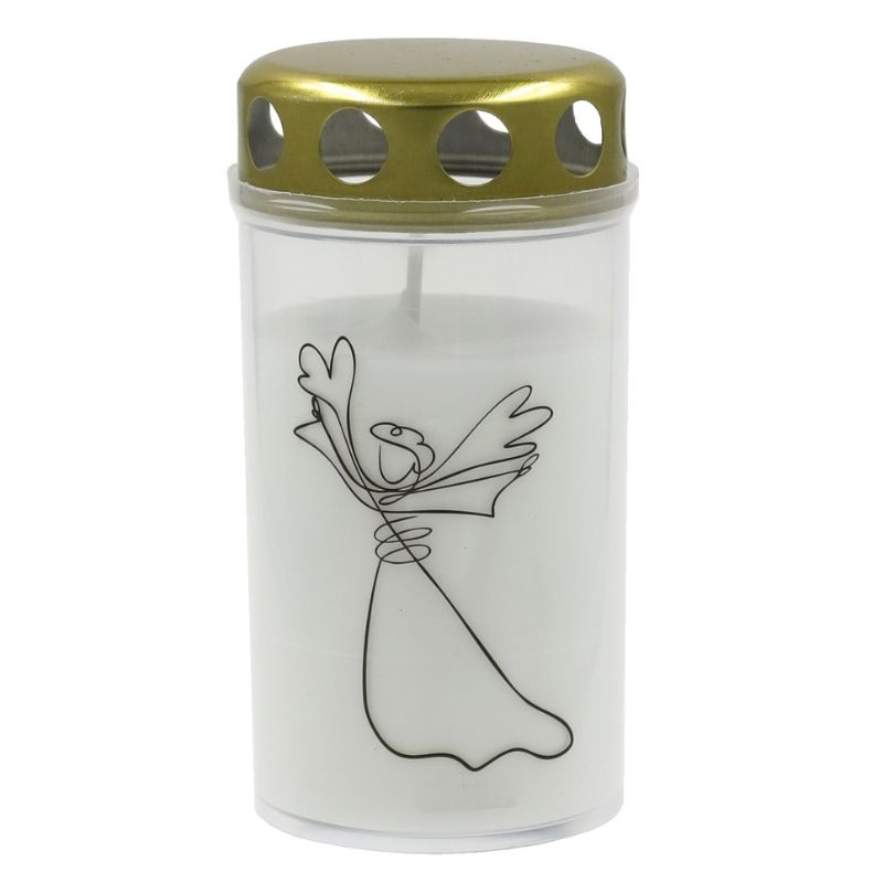 Candela Grave candle with cap 5.6x11.5cm, burning time ~40h, white with mix print