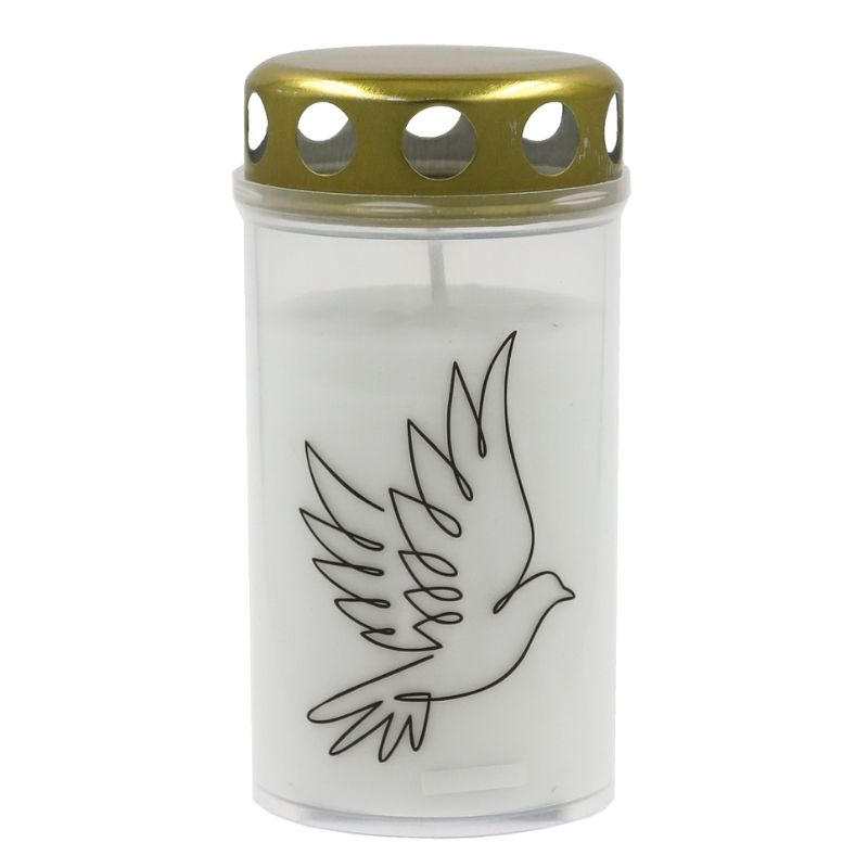 Candela Grave candle with cap 5.6x11.5cm, burning time ~40h, white with mix print