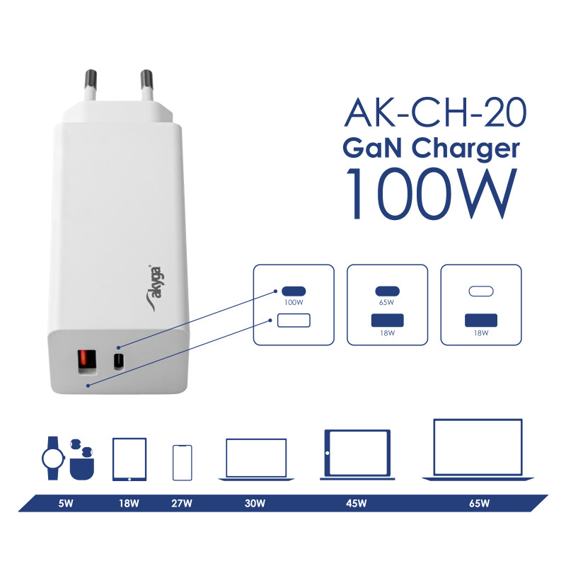 Wall charger Akyga AK-CH-20 100W USB-C USB-A PD GaN 5-20V / 1.5-5A white