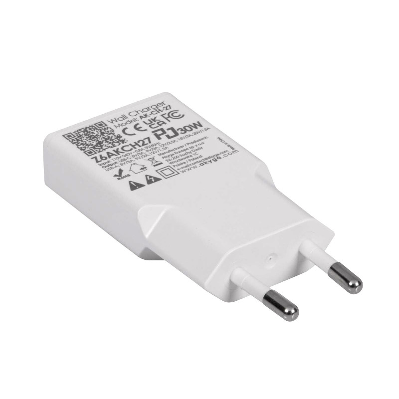 Wall charger Akyga AK-CH-27 30W USB-C USB-A PD GaN 5-20V / 1.5-3A white
