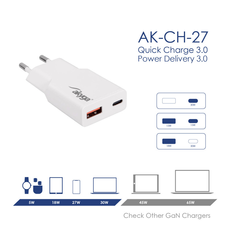 Wall charger Akyga AK-CH-27 30W USB-C USB-A PD GaN 5-20V / 1.5-3A white