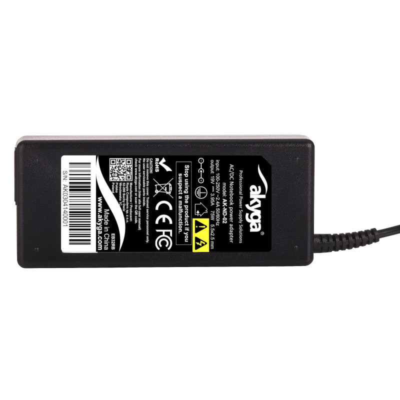 Akyga AK-ND-02 Laptop Power Adapter 19 V / 3.95 A, 75 W, 5.5 x 2.5 mm, 1.2 m, for ASUS / Toshiba / Lenovo