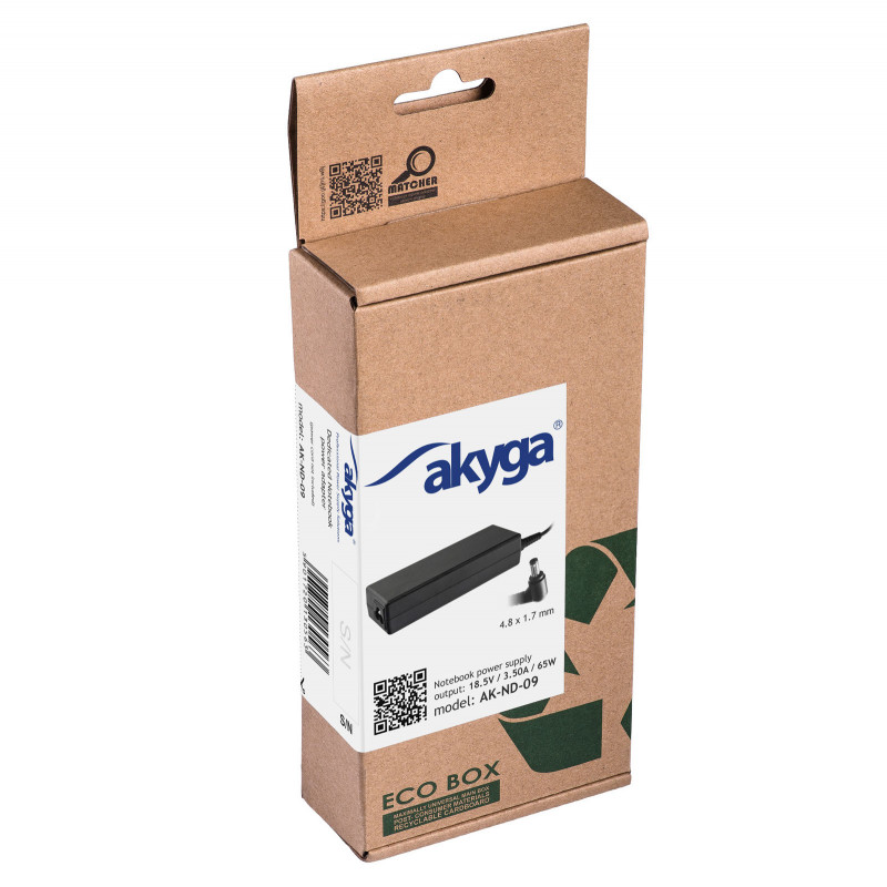 Akyga AK-ND-09 Laptop Power Adapter 18.5 V, 65 W, 4.8 x 1.7 mm, 1.2 m, for HP
