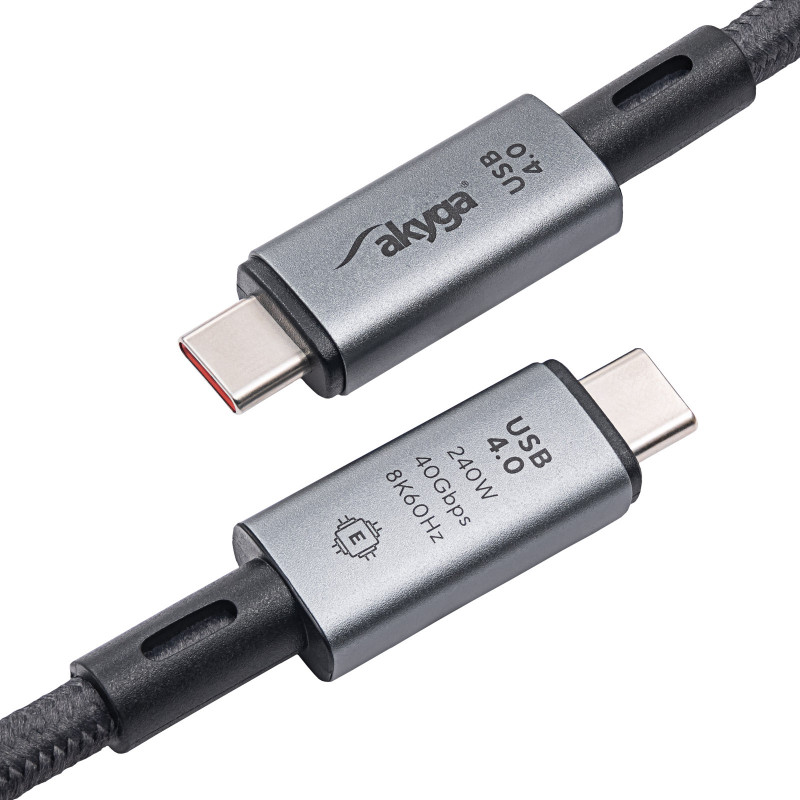 Akyga AK-USB-45 USB-C to USB-C Braided Cable, USB4, 40 Gbps, 240 W, 1 m, Grey