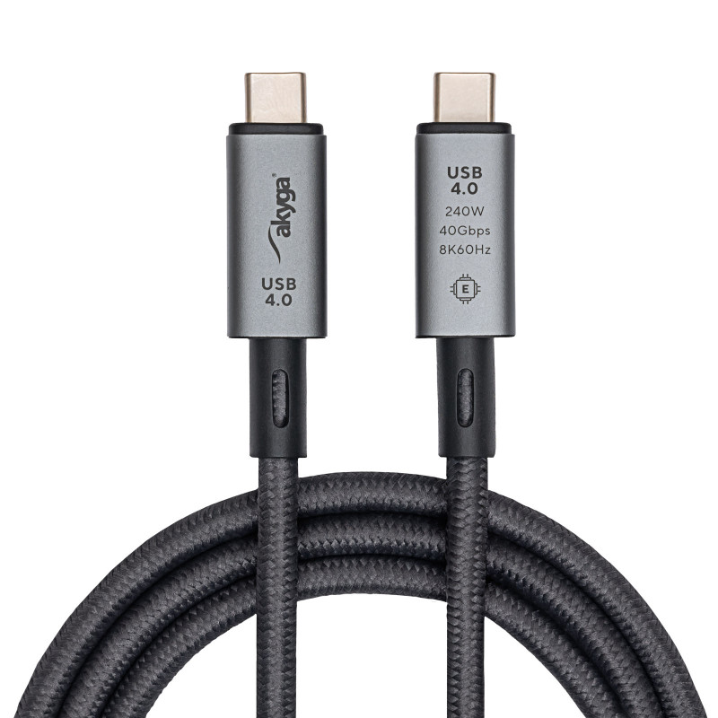 Akyga AK-USB-45 USB-C to USB-C Braided Cable, USB4, 40 Gbps, 240 W, 1 m, Grey