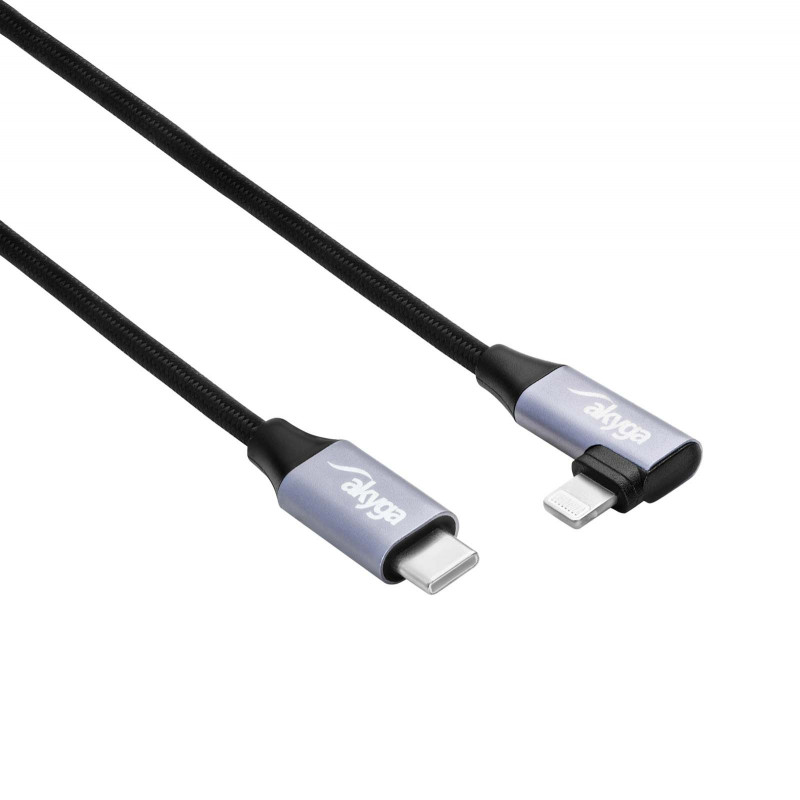 Akyga AK-USB-56 USB-C to Lightning Braided Cable with Angled Plug, USB 2.0, 30 W, 1 m, Black