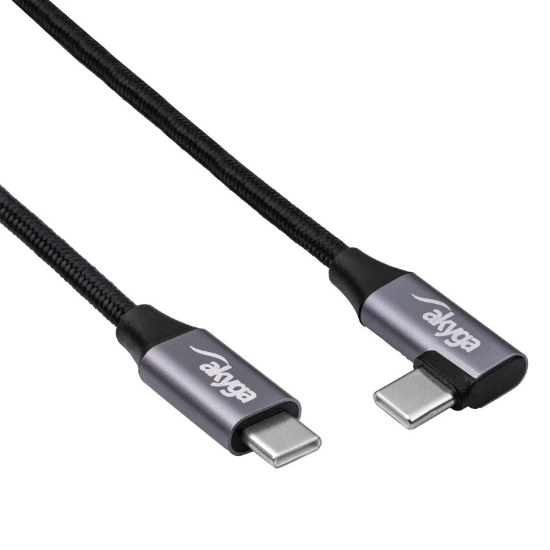 Akyga AK-USB-54 USB-C to USB-C Braided Cable with Angled Plug, USB 2.0, 60 W, 1 m, Black