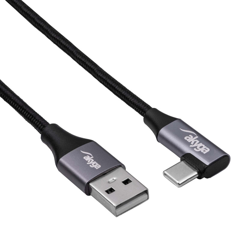 Akyga AK-USB-74 USB-A to Angled USB-C Braided Cable, USB 2.0, 60 W, 1 m, Black