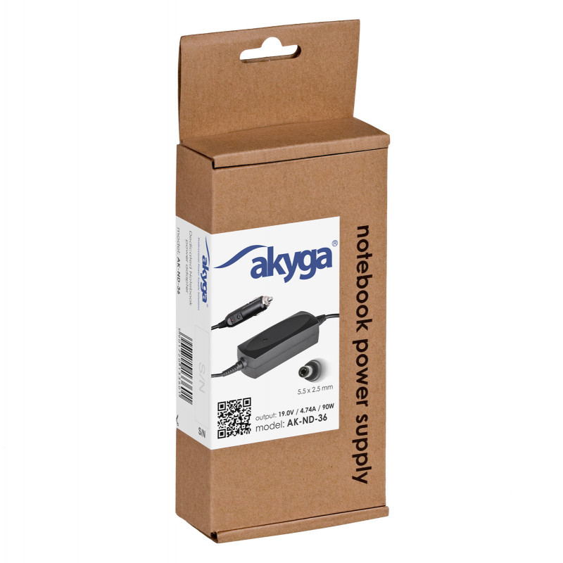 Akyga AK-ND-36 Car Laptop Power Adapter 19 V / 4.74 A, 90 W, 5.5 x 2.5 mm, for ASUS / Toshiba