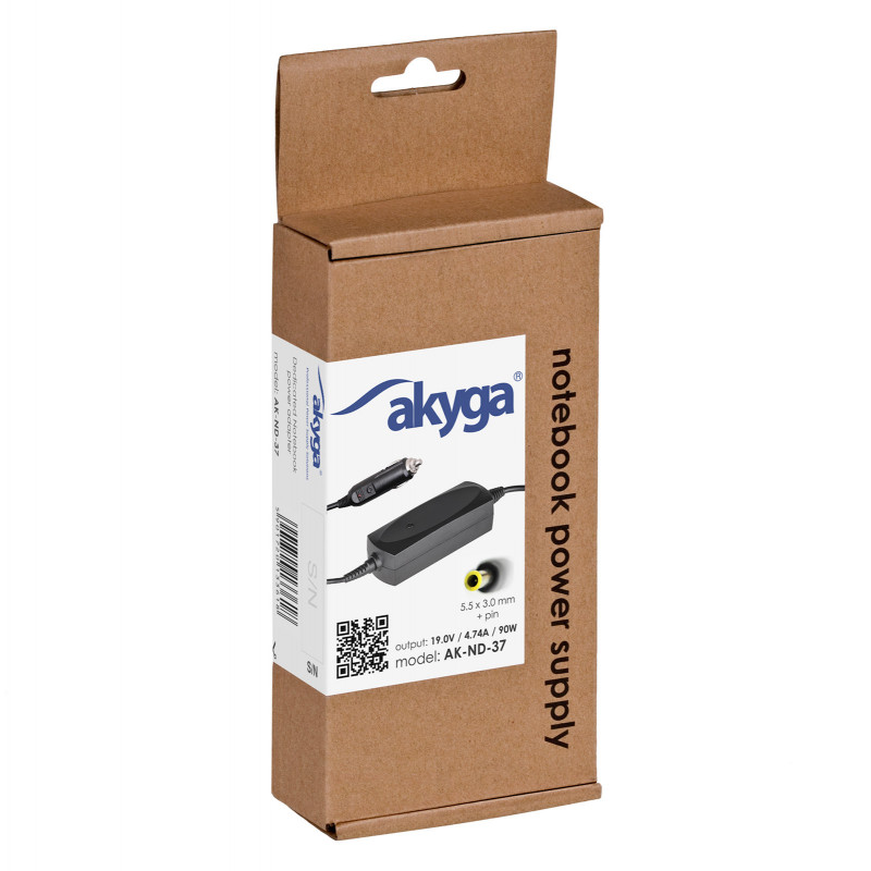 Akyga AK-ND-37 Car Laptop Power Adapter 19 V / 4.74 A, 90 W, 5.5 x 3.0 mm + Pin, for Samsung