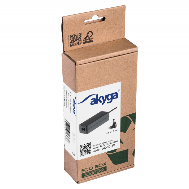 Akyga AK-ND-49 Laptop Power Adapter 12 V / 3.0 A, 36 W, 4.8 x 1.7 mm, 1.2 m, for ASUS