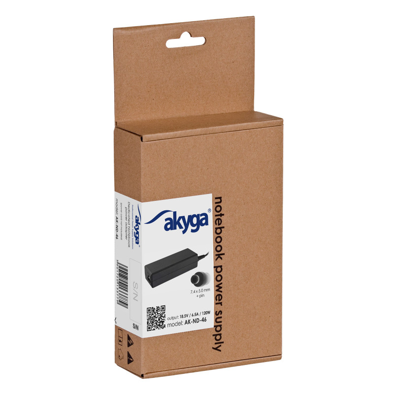 Akyga AK-ND-46 Laptop Power Adapter 18.5 V / 6.5 A, 120 W, 7.4 x 5.0 mm + Pin, 1.2 m, for HP
