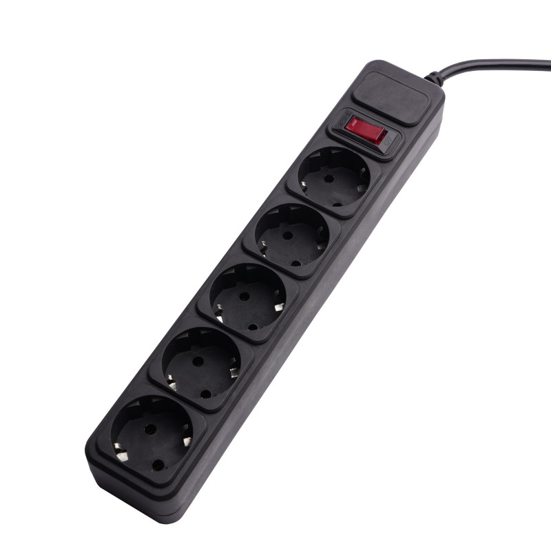 Akyga AK-SP-06A Surge Protector Power Strip, 5x Schuko Sockets CEE 7/3 (Type F), Switch, 1.8 m, Black