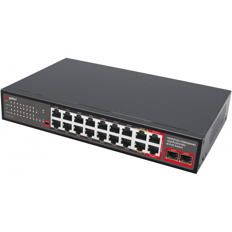 Getfort GF-120G-16P-240 PoE switch, 16 x 10/100 PoE + 2 x GE + 2 x SFP, 240 W
