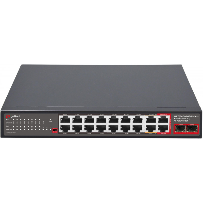 Getfort GF-120G-16P-240 PoE switch, 16 x 10/100 PoE + 2 x GE + 2 x SFP, 240 W