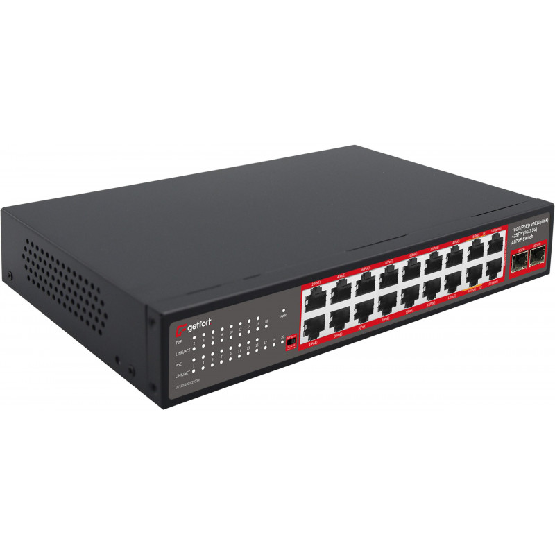 Getfort GF-220G-16P-240 PoE switch, 16 x GE PoE + 2 x GE + 2 x SFP, 240 W