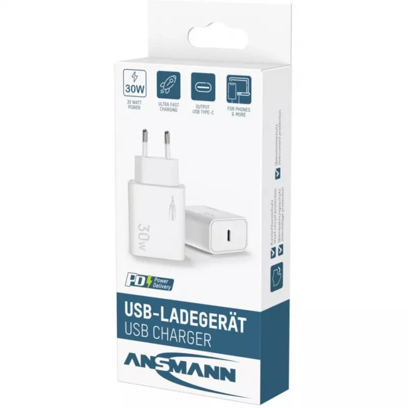 Ansmann Home Charger HC130PD USB charger, 1x USB-C, PPS, PD, Quick Charge, 30 W, white
