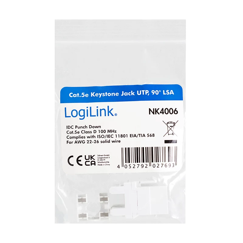 LogiLink NK4006 RJ45 keystone module, Cat.5e UTP, 90° punch-down, white