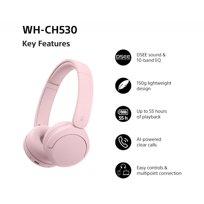 Sony WH-CH530 Bluetooth on-ear headphones with microphone, noise reduction, pink