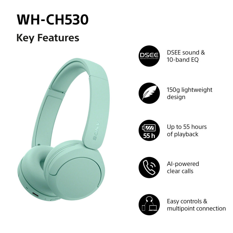 Sony WH-CH530 wireless Bluetooth headphones, mint