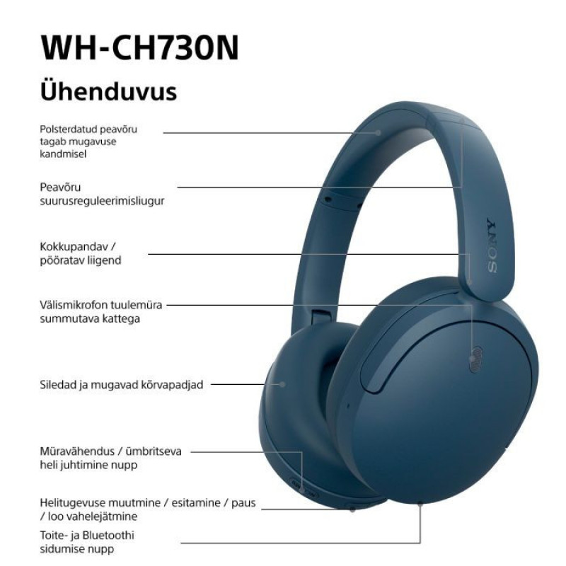 Sony WH-CH730N Bluetooth over-ear headphones with microphone, blue